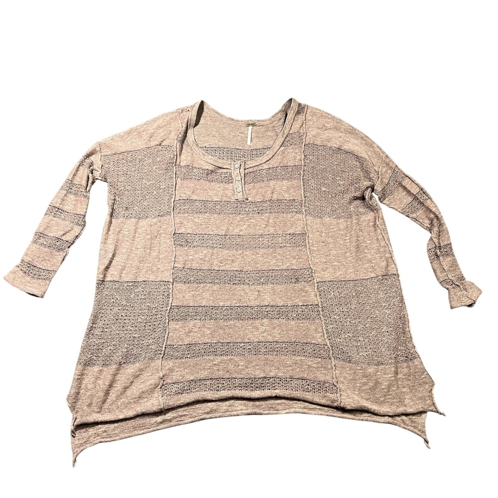 Free People Women XS Wild Horses Linen Blend Henley Oversized Knit Sweater Brown